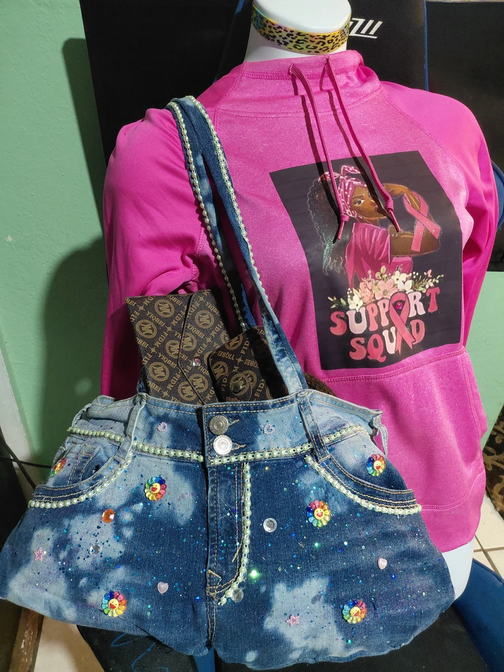 Wallflower Denim Tote with Decorative Embellishments - Green/Blue